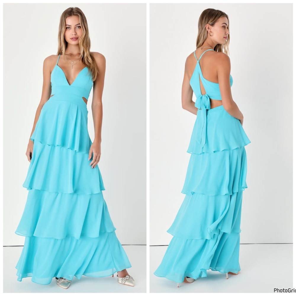 NWOT Lulu’s Tier and Now Blue Tie Back Tiered Maxi Dress M $88 Medium